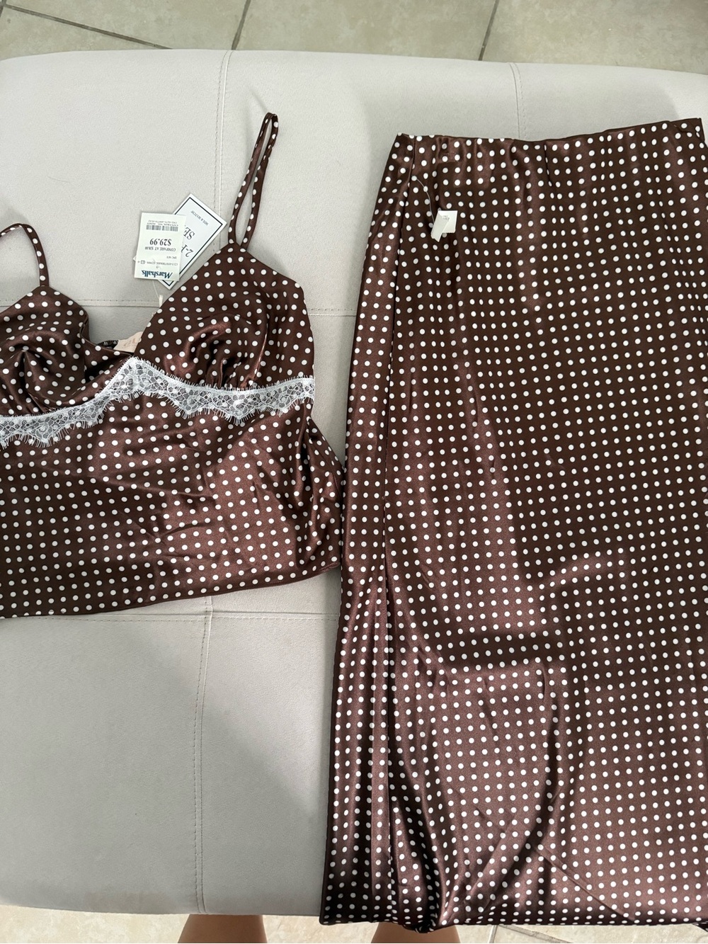 Marshalls Brown and White Polka Dot Satin Midi Skirt Set